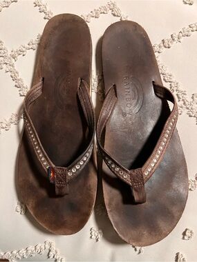 Rainbow Brown Leather Flip Flops with Rhinestone Straps